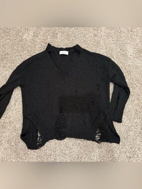 Mod on TrendDistressed V-Neck Knit Sweater - Black